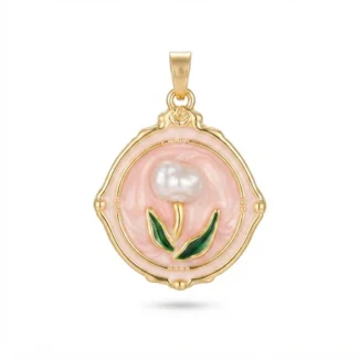 médaillon fleur en émail rose