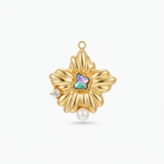 Pendentif Fleur Dorée Pierre Iridescente et Perle