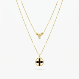 Collier Double Rang Trèfle Noir et Cristal