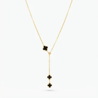 Collier Cravate Trèfles Noirs et Perle Dorée
