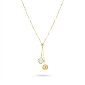 Collier Cravate Trèfle Blanc et Perle Dorée