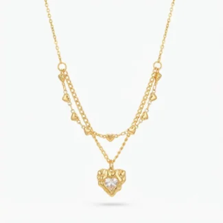 Collier Double Chaîne Cœurs et Pendentif Cœur Zircon Doré