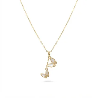 Collier Double Pendentif Papillons en Nacre Doré