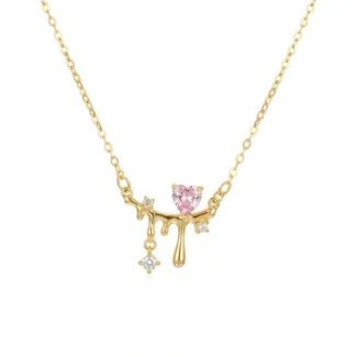 Collier Cascade Cœur Rose et Gouttes Doré