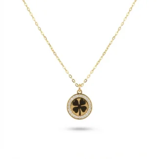 Collier Pendentif Médaillon Trèfle Pavé Doré