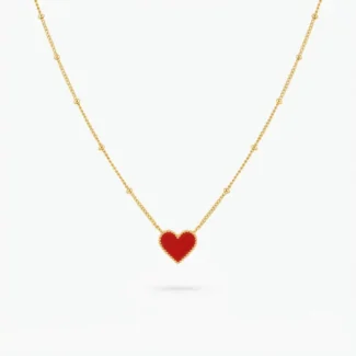 Collier Pendentif Cœur Émaillé Rouge et Chaîne Perlée Doré