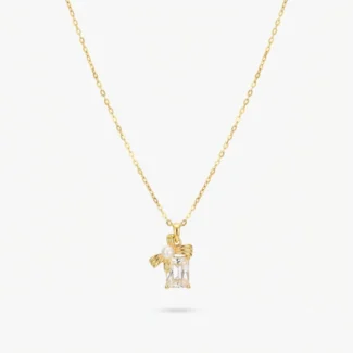 Collier Pendentif Rectangle Zircon et Nœud Doré
