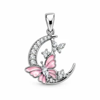 Pendentif Lune et Papillons Roses