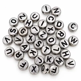 Perles d'alphabet rondes en argent vieilli à lettres noires