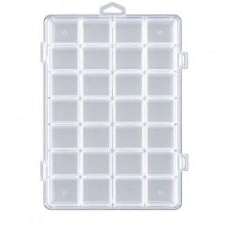 boîte de rangement transparente à multiples petites cases rectangulaires et clips latéraux.